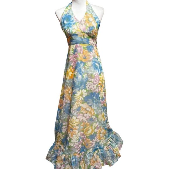 Vintage Dresses & Skirts - Vintage Union-Made Floral Halter Maxi Dress & Jacket Set | EUC